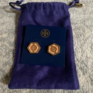 Tory Burch Pink & Gold "Caroline Button Earrings"